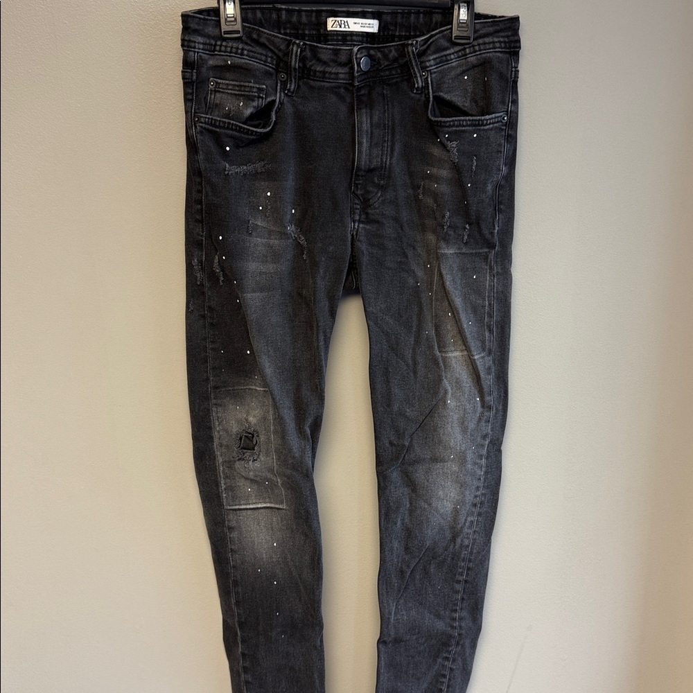 Zara Distressed Paint Splatter Slim Jeans Black 32 x 31 - Picture 2 of 8